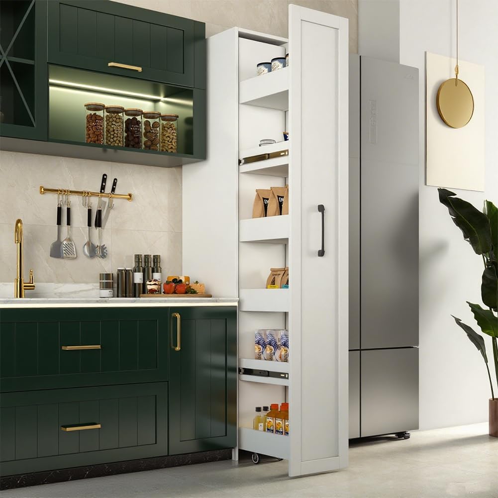 7 Tier Slim Storage Cart, Rolling Spice Rack Next to Fridge Slim, Narrow Storage Cabinet, Wood Storage Organizer with Handle Wheels for Kitchen, Dining Room (6 Tier)