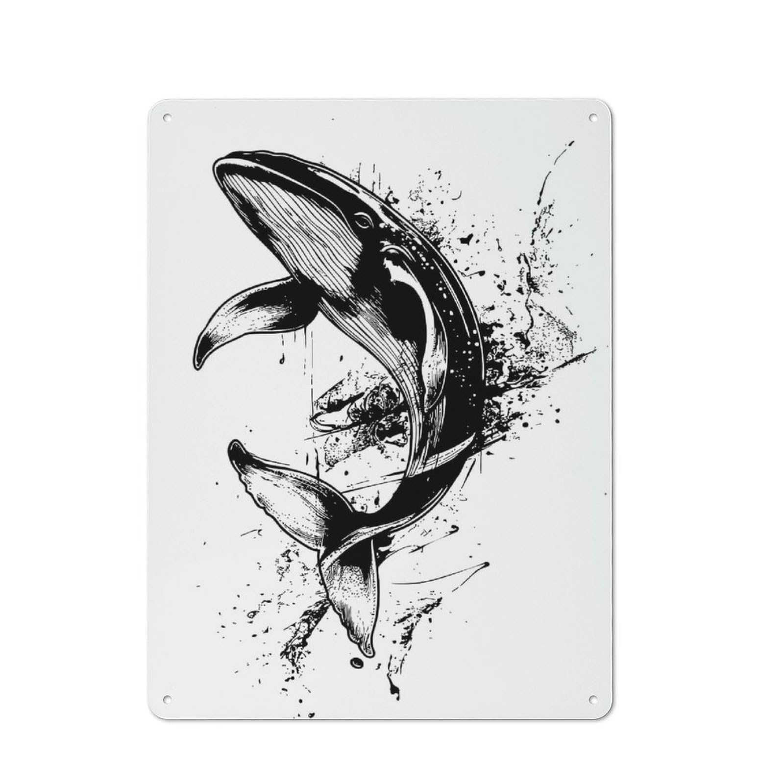 Junmoney Whale Illustration In Black And White Metal Wall Sign With Design 40X30cm, Garage Style Industrial Wall Art For Garage, Hobby Room, Office Or Man Cave