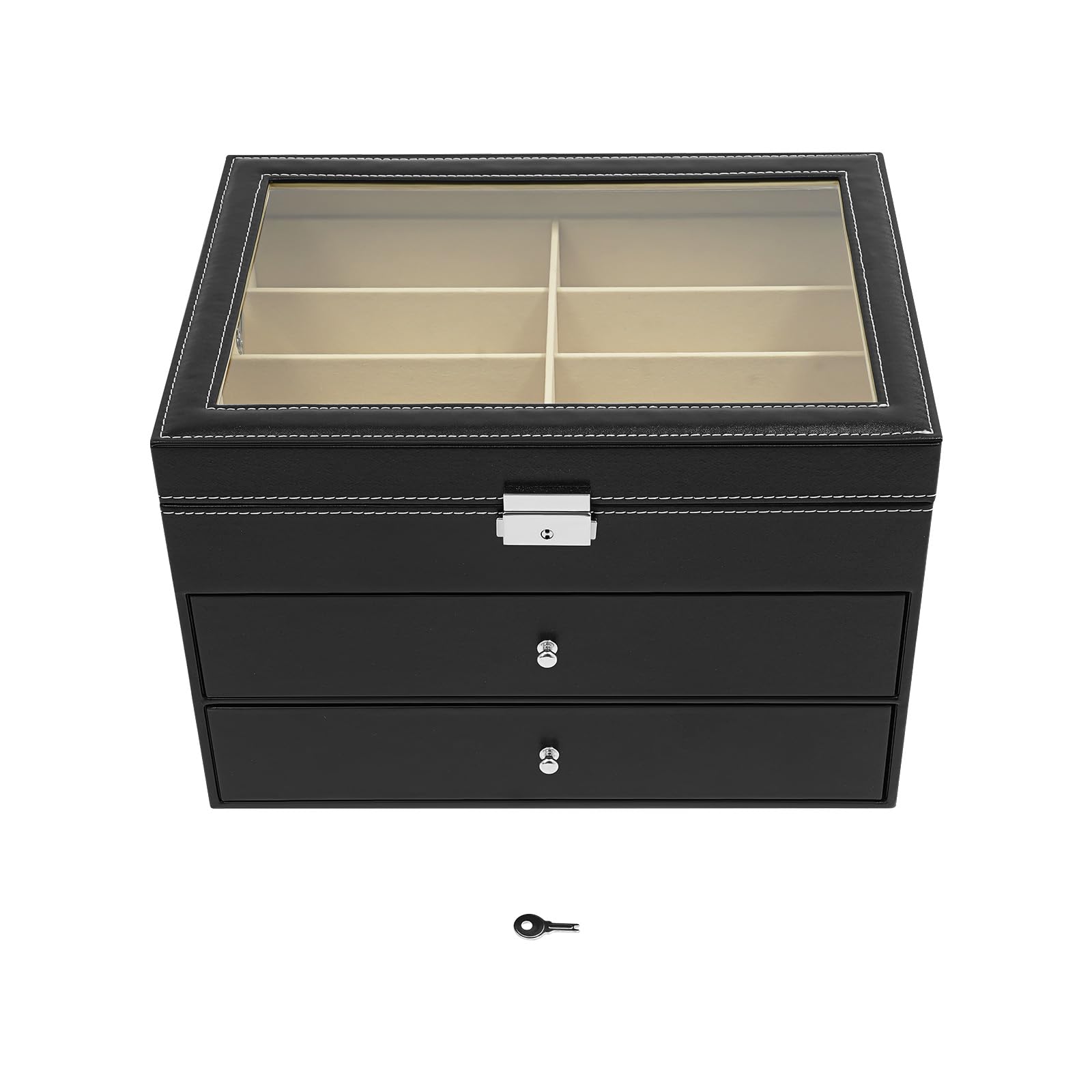 Caja de almacenamiento para gafas, 24 compartimentos, con tapa de cristal transparente, piel sintética, con 3 cajones, para guardar varias gafas, joyas y relojes