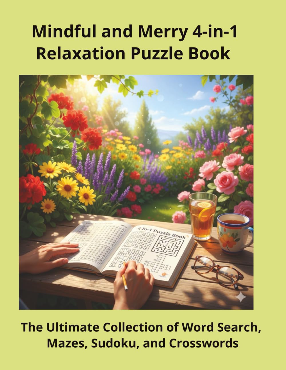 Mindful and Merry 4-in-1 Relaxation Puzzle Book: The Ultimate Collection of Word Search, Mazes, Sudoku, and Crosswords