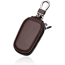Wevdn Car Key Case, Genuine Leather Auto Smart Key Fob Holder with Metal Hook, Anti Scratch Automotive Key Protector Key Chain Zipper Bag for Remote Key Fob, Car Accessories Coffee