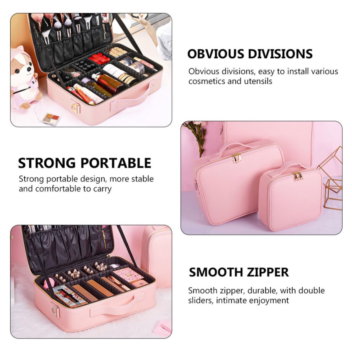 Borsa Trucchi da Viaggio Grande in Pu Rosa con Divisori Regolabili | Organizer Cosmetici, Chiusura con Zip, Scomparti Removibili, Pratica per Lavoro e Conservazione Quotidiana
