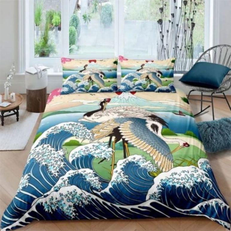 Housse de couette microfibre 90x190 parure de lit enfant bleu japonais avec taie 65x65