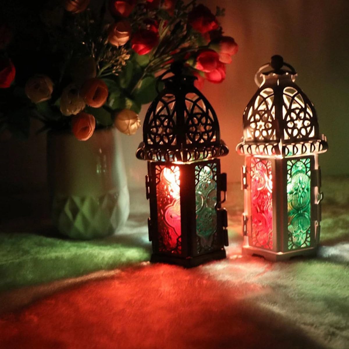 TOYANDONA Portavelas Retro de Hierro y Vidrio Estilo Marroquí, 2 Piezas, Diseño Delicado y Creativo, Fácil de Transportar para Decoración de Salón y Jardín