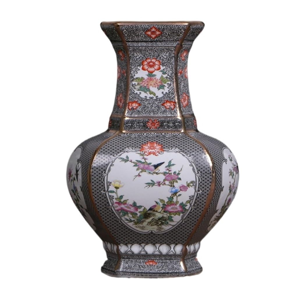 Vase Tabletop Flower Glass Ceramic With Enamel Flowers Blooming, Rich Hexagonal Antique Chinese Porcelain Ornaments Vase(G)-G-A(G)