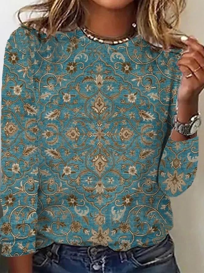 Womens Boho Floral Long Sleeve Dressy Casual Blouse Vintage Ethnic Print Tops Shirts2