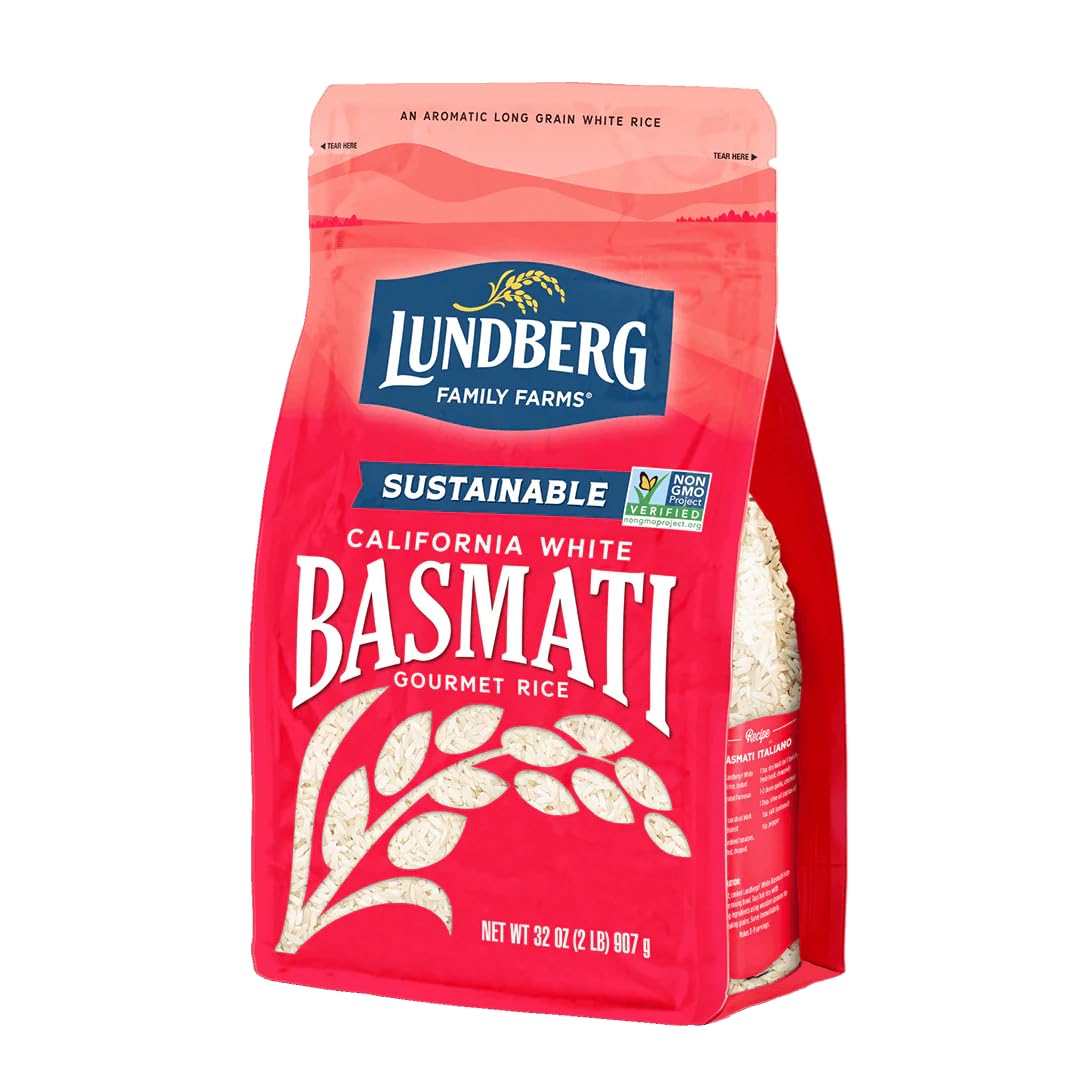 Lundberg Basmati Rice, Long Grain White Rice - Non-Sticky, Fluffy, Nutty, Aromatic Rice, Vegan Food, Healthy Meals, Gluten-Free Rice Grown in California, 32 Oz