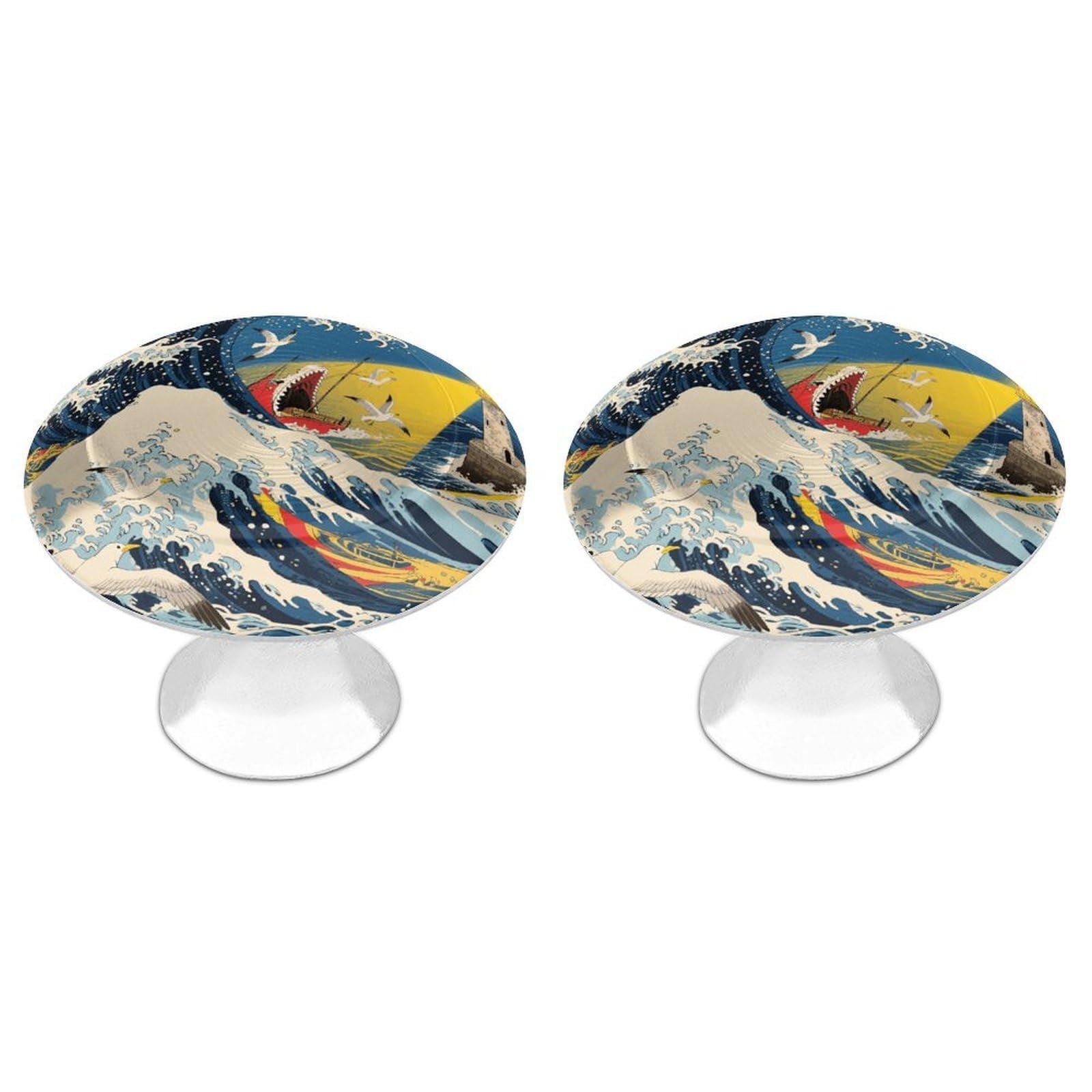 Maccbn Style-6 2 Pack 1.1" Round Japanese The Great Wave Off Kanagawa Drawer Knobs Modern Kitchen Cabinet Knob Hardware Handles Decorative Furniture Knobs For Dresser, Cupboards, Wardrobes, Bifold Door,