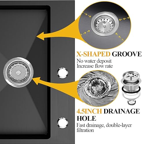 Miniatura 4 de Fregadero de cocina negro, fregadero de barra de acero inoxidable de 22 x 18 x 9 pulgadas, fregadero de cocina con rejilla de fregadero combinado,