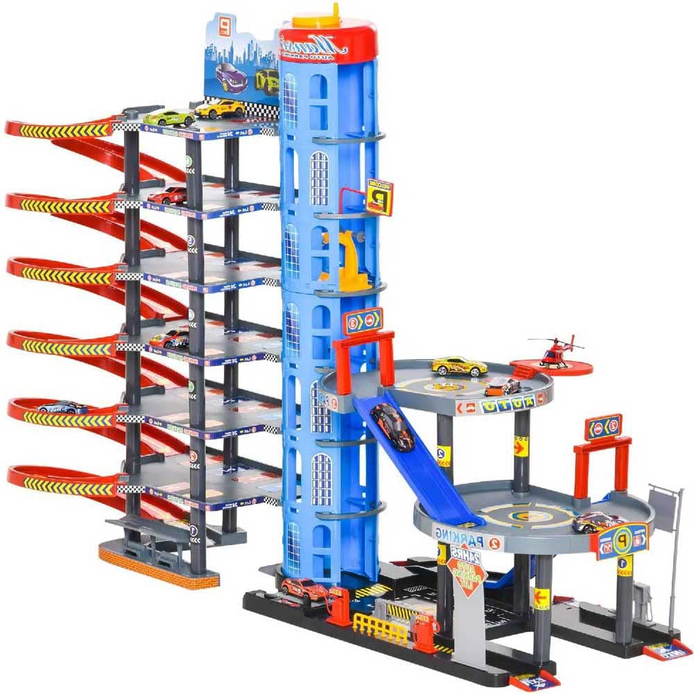 Bakaji Garaje gigante juguete para niños con 6 pisos, rampas de tobogán ascensor Pitstop y lavado de automóviles incluidos 10 coches + helicóptero tamaño 92 x 46 x 71 cm