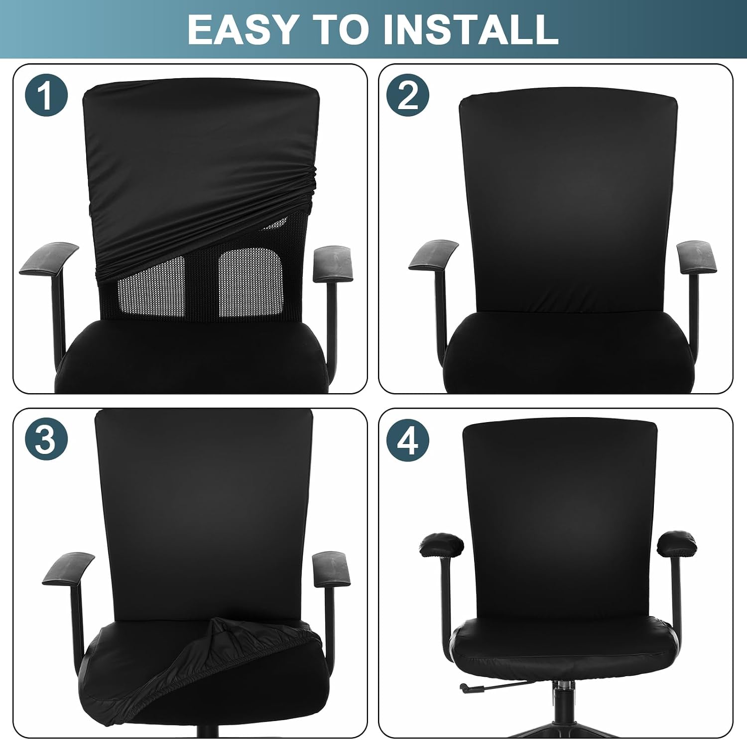Tallew 4 Pcs Office Chair Covers PU Leather Office Desk Accessories Universal Computer Chairs Cover Stretchable Protective Chair Seat Covers Desk Armrest Cover Slipcovers Rotating Backrest (Black)