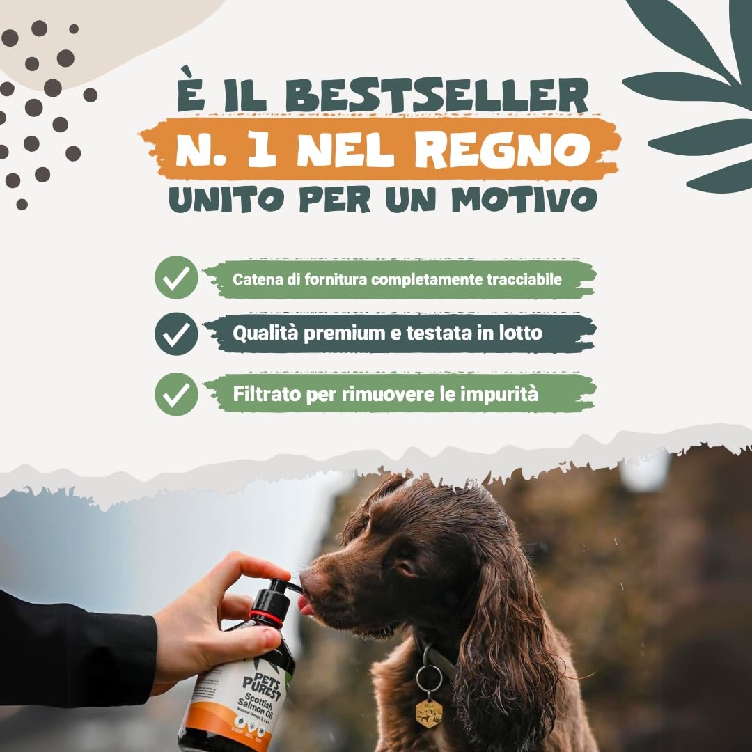 Pet Purest Olio di Salmone Scozzese per Cani, Gatti, Animali Domestici 500ml - Puro Olio di Pesce Integratore Alimentare Omega 3 6 9 per Pelo, Sistema Immunitario, Prurito, Articolazioni, Cervello
