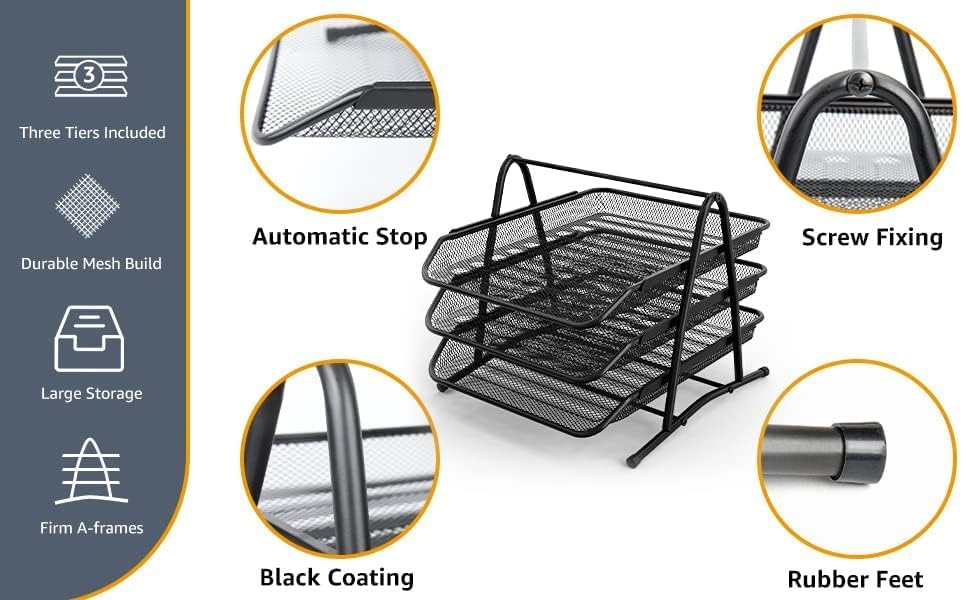 GOPINATH ECOM 3 Tier Metal Mesh Desk Organizer File Rack with Sliding Trays Durable Lightweight File Holder A4 Paper Document Storage Stand for Home Office Desktop Organization 1