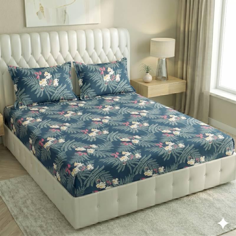 Image of Cotton Bolls Textiles Glace Cotton Flat Bedsheet 90x90 Inch with 2 Pillow Covers - Soft Breathable Glace Cotton, Printed Bedding Set for Double Bed