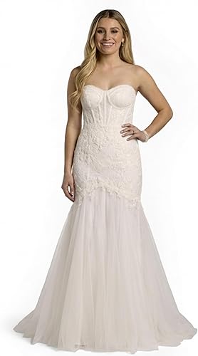 David's Bridal Strapless Beaded Lace Mermaid Wedding Dress, Women's Size 4, Soft