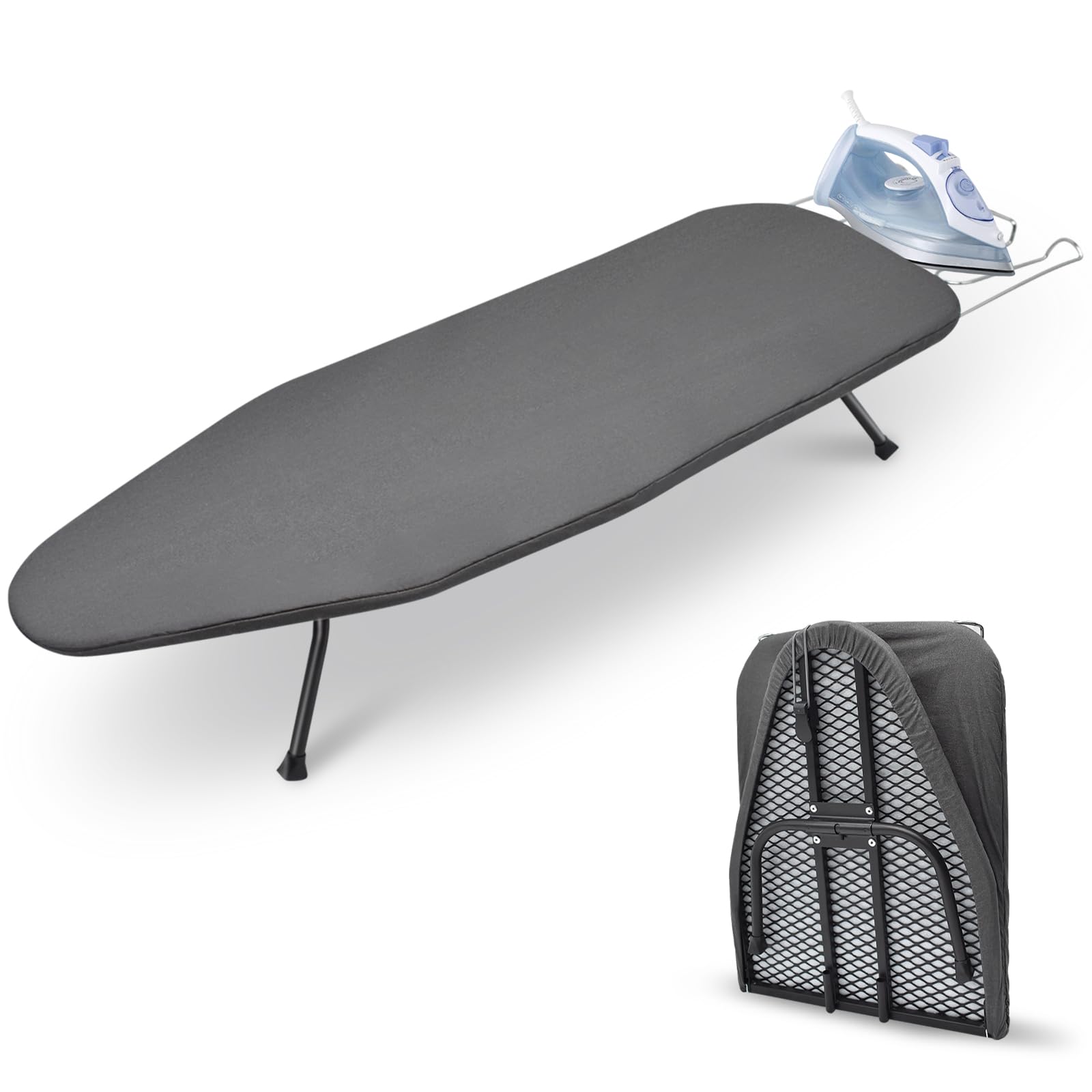 Table à Repasser avec Porte-Fer, Planche Repasser Pliable avec Housse Coton, Maille Métallique, Pieds Antidérapants, pour Fer Vapeur Domicile Voyage, Gris Foncé