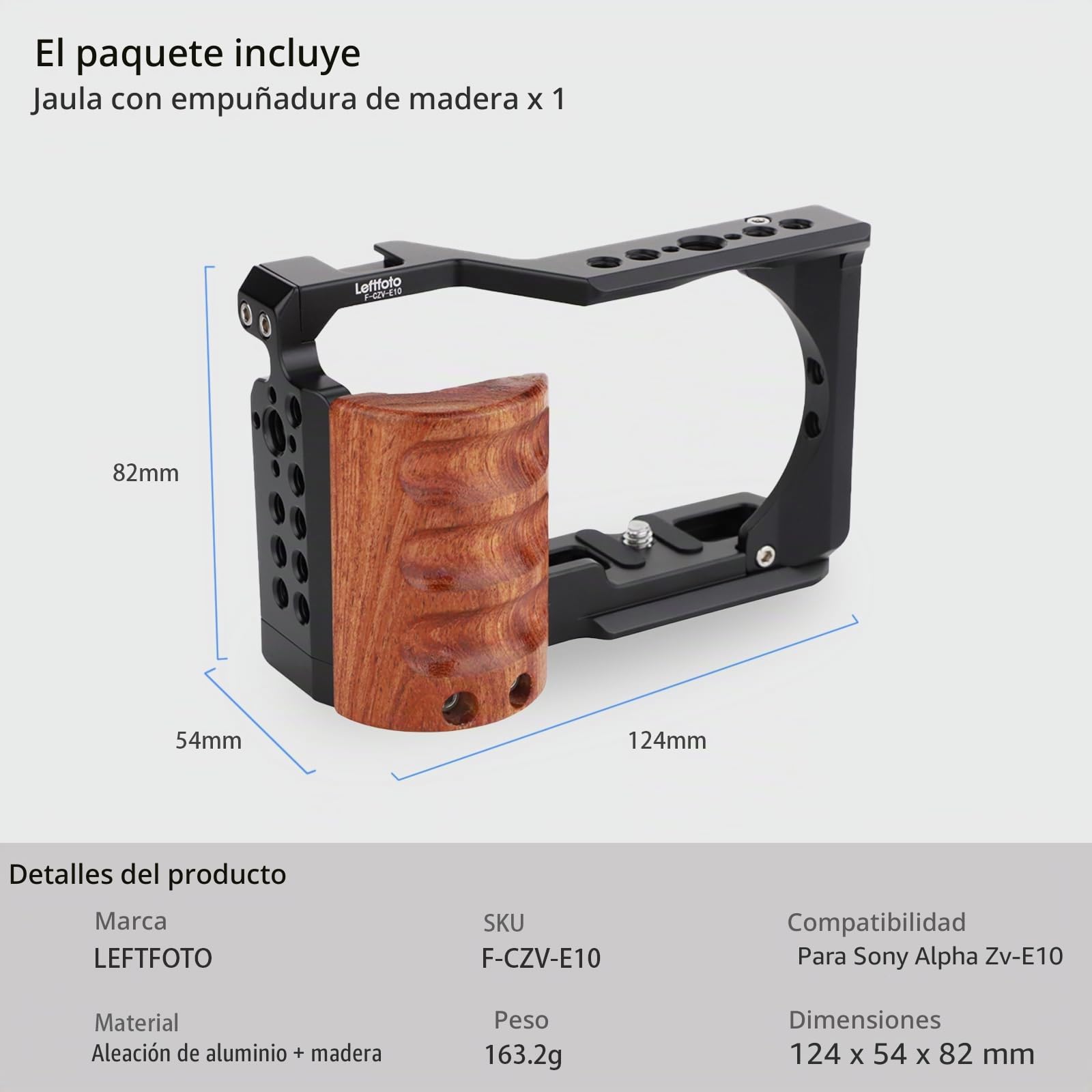 Leftfoto Jaula de metal mejorada con mango de madera para accesorios de grabación de video Sony Alpha ZV-E10, micrófono de zapata fría y extensión de luz