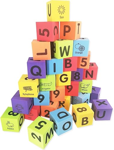 Miniatura 5 de MOBU Bloques de construcción de espuma para niños pequeños, 30 piezas de bloques de números de letras del alfabeto de 2 pulgadas con bolsa de