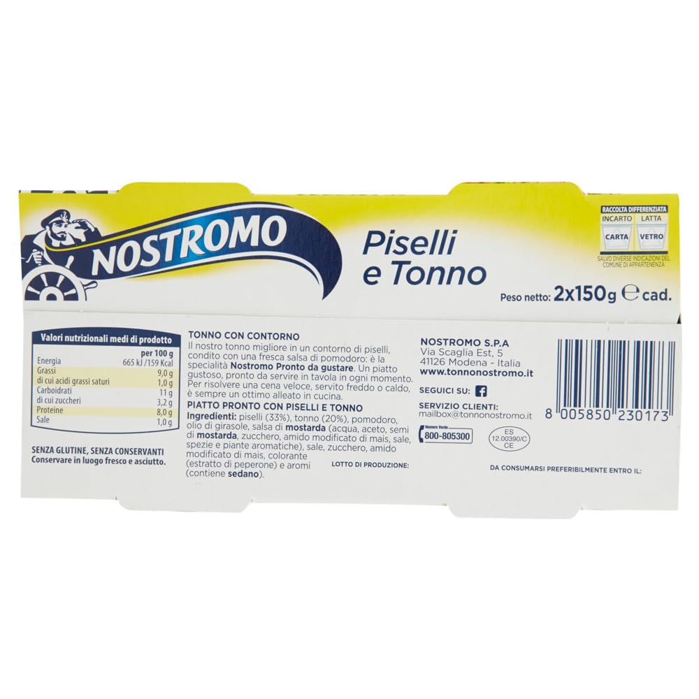 Confezione da 20 Nostromo Tonno e Piselli ,Piatto Pronto con Tonno e Piselli, Ogni Confezione Contiene 2 lattine da 150g + 1 Confezione di Talco Felce Azzurra in omaggio, Busta da 100g