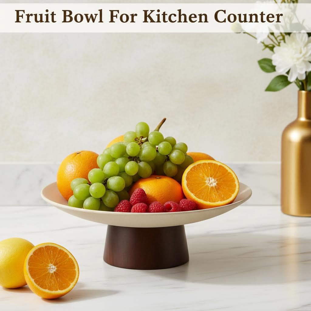 Modern Ceramic Pedestal Fruit Bowl, High-Fired Stoneware Shallow Serving Bowl with Wooden Base, Elevated Decorative Fruit Tray for Kitchen Counter Entryway Table Dining Centerpiece