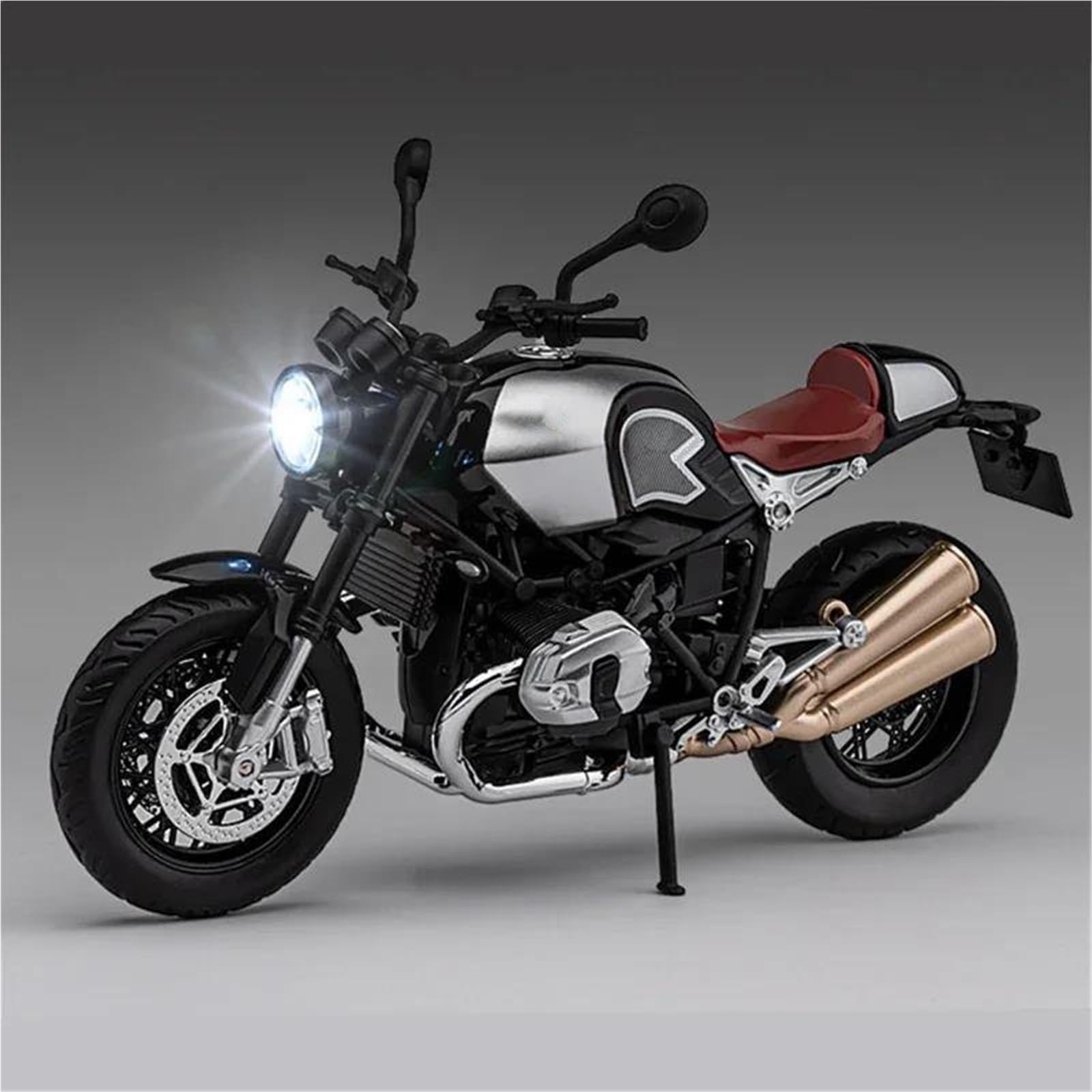 Modelo de Juguete Moto De Juguete con Sonido Y Luz, Metal Fundido A Presión A Escala 1/12, Modelo En Miniatura, Regalo Colección para BMW R Nine T(Silver)