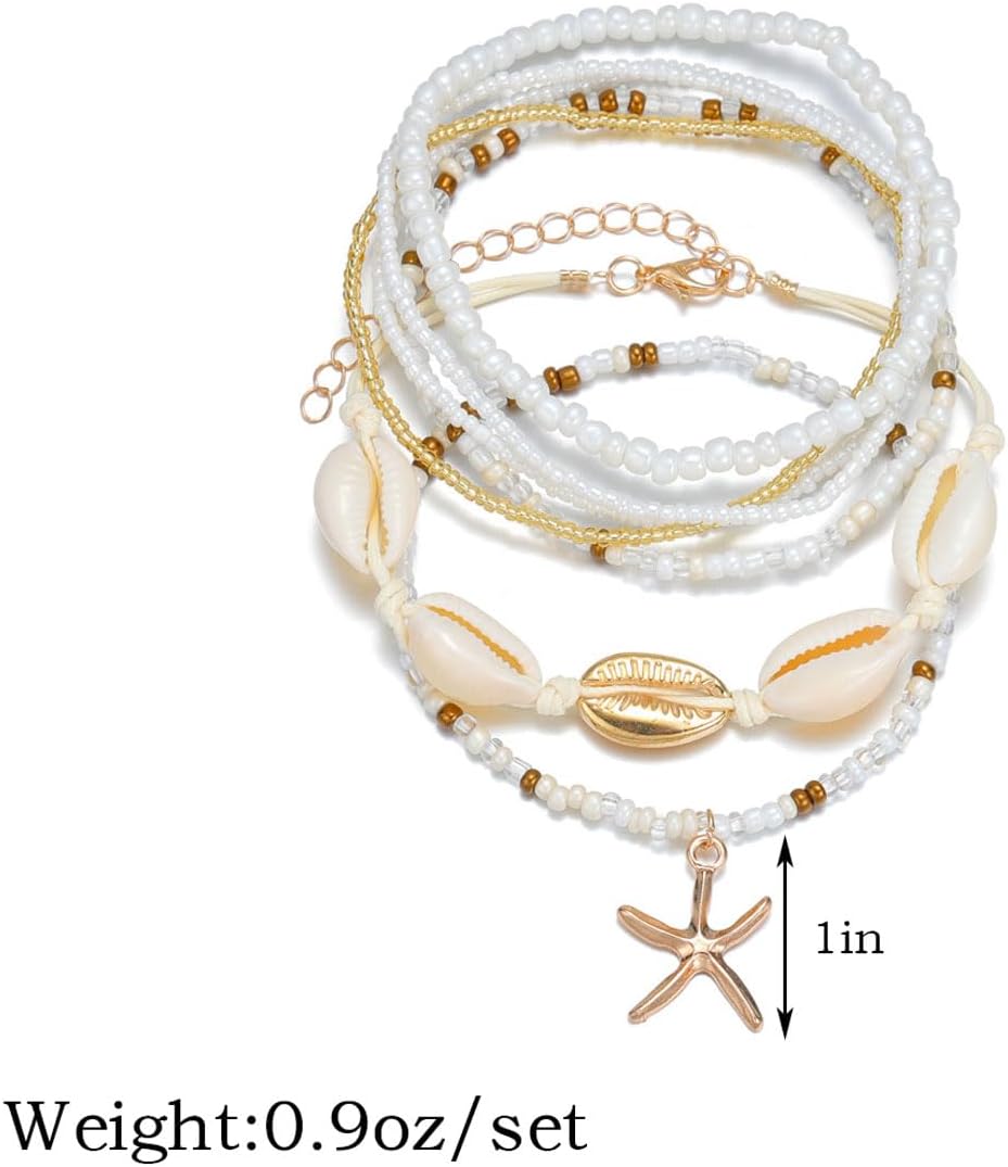 Gold Starfish Anklets for Women Seashell Ankle Bracelet Boho Stack Stretch Beaded Anklet Set Summer Beach Jewelry - Image 4