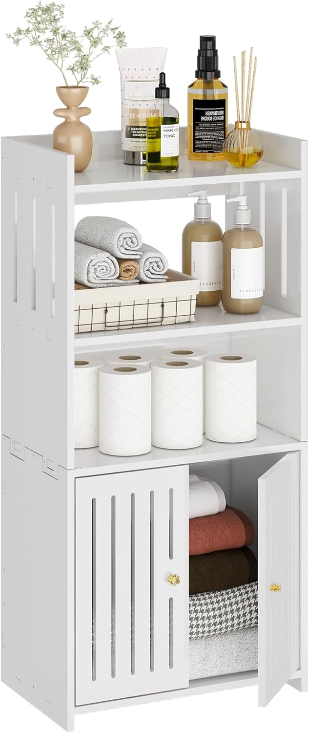 Bathroom Storage Cabinet, 4-Tier White Floor Cabinet Freestanding Organizer with Door for Living Room Kitchen Small Space
