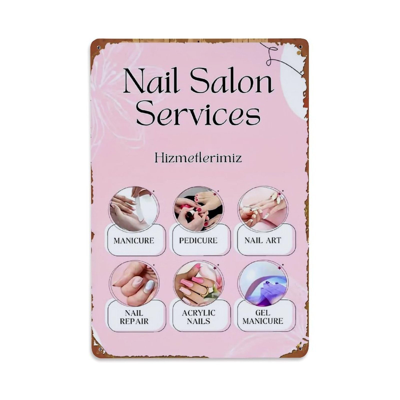 Jdfenggu Vintage Nail Salon Services Hizmetlerimiz Retro Metal Tin Sign, Decor Art Poster For Bar, Home, Man Cave, Kitchen, Laundry Room Gift 8X12inch