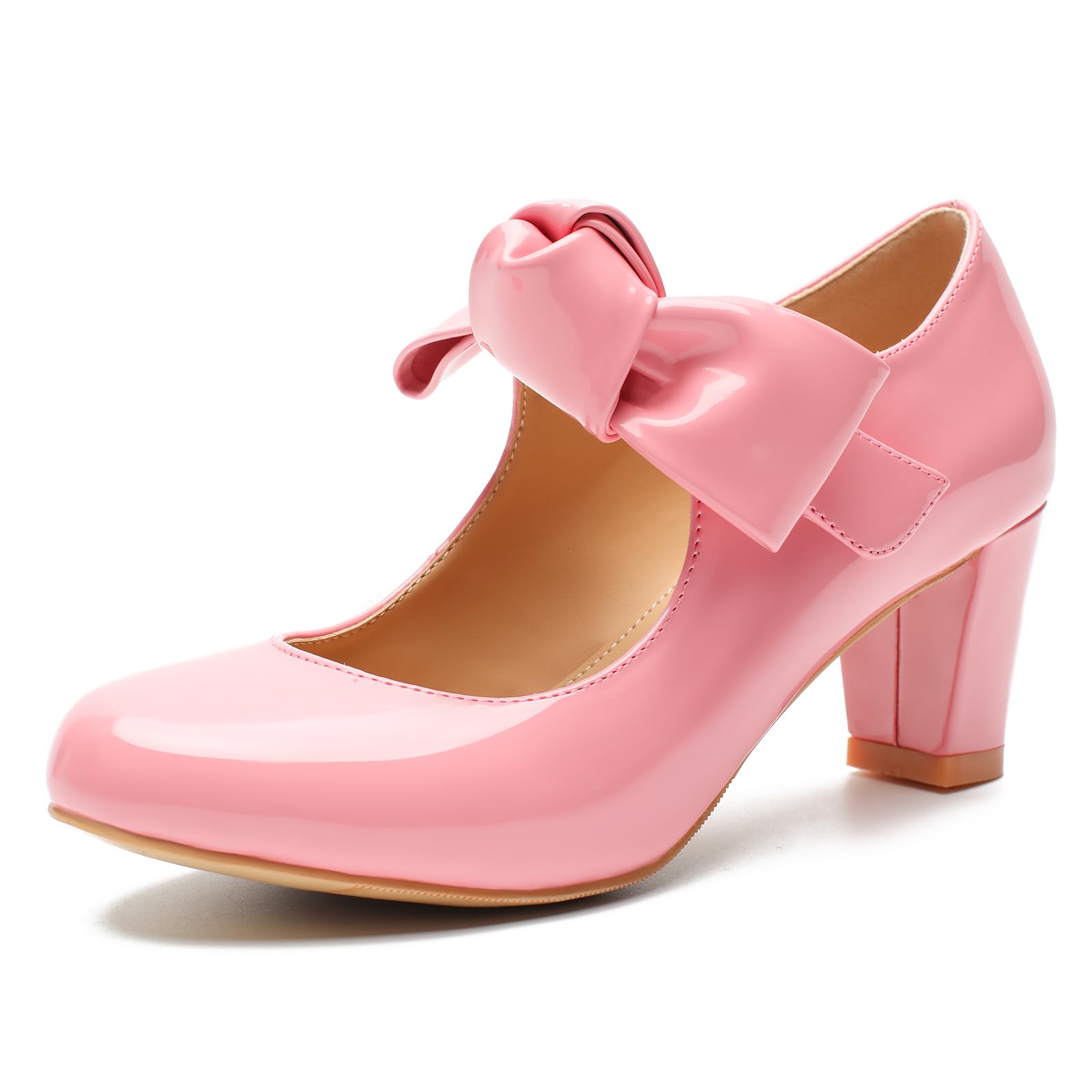 Rjclyh Womens Mary Jane Pumps - 2 Inch Mid Chunky Block Heels with Bow, Round Toe Patent Leather Ankle Strap Dress Shoes for Wedding, Office, Cosplay