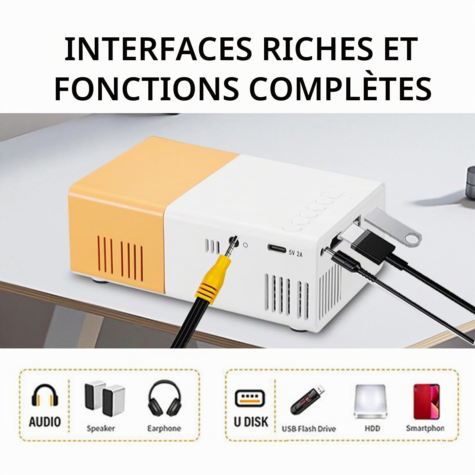 Projecteur Intelligent, Mini Projecteur Portable 1080p, 6000 LM luminosité, pour Les Divertissements à Domicile, Les Réunions et Les Jeux, Petit Projecteur de Voyage