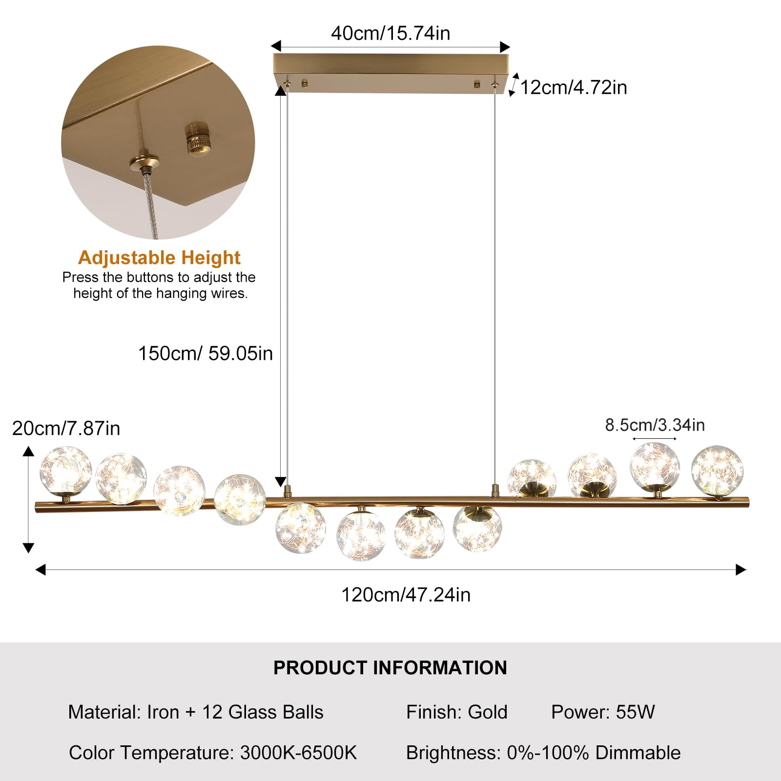 GEADI Gold Kronleuchter 120CM Modern Globe Pendelleuchte Esstisch mit 12 Glaskugel Lampenschirme Einstellbare Hängeleuchte 50W Led Hängelampen für Esszimmer, Wohnzimmer, Küchen, Lounge