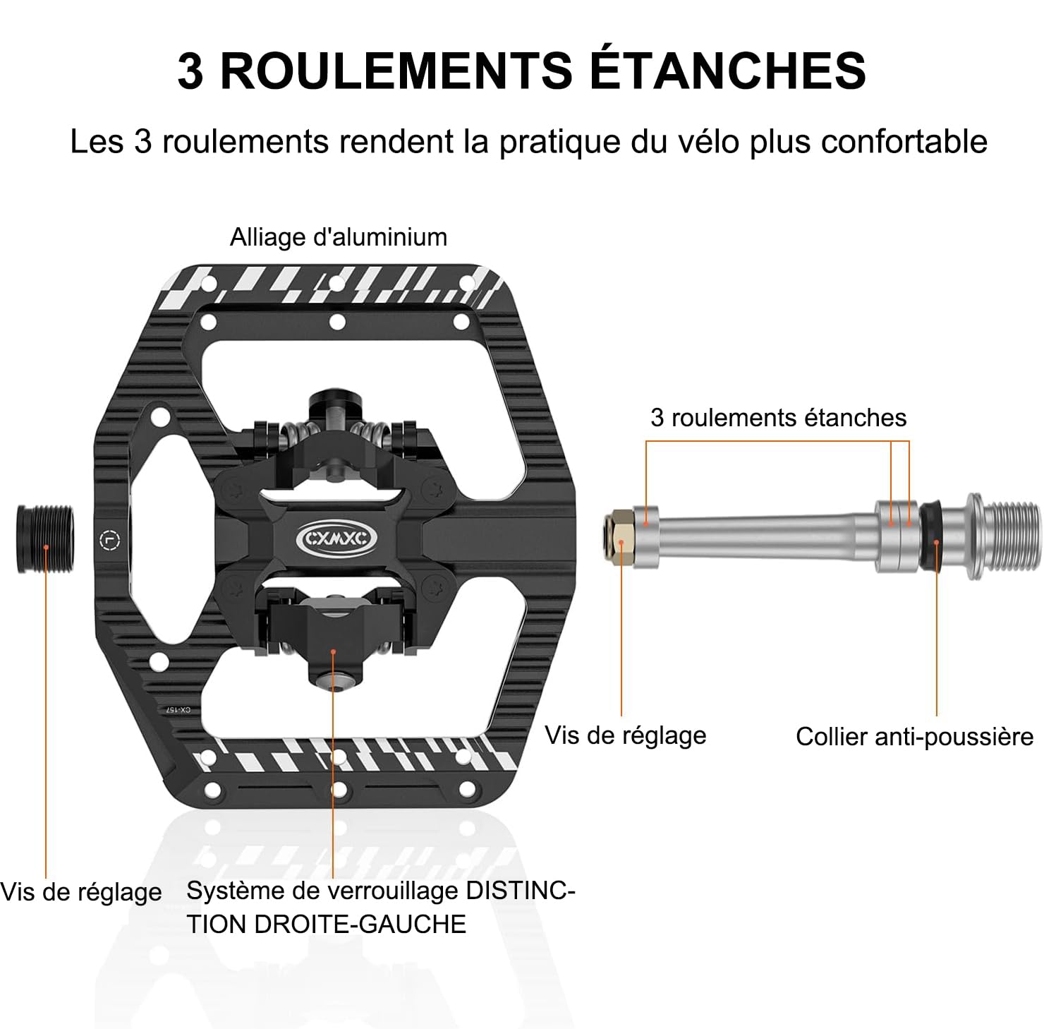 CXWXC Pédales de vélo, cliquables et Plates, avec 3 roulements, en Aluminium, 9/16", pour vélo de Route, VTT, vélo de Ville