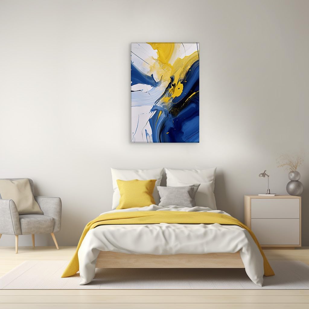 Canvas for Living room. Dancing Colors in Motion: A Symphony of Blue, Yellow, and White in Abstract Artistry, 27 x 18 inch Canvas Wall Art - Ready to Hang - 69x46 cm (27x18 inch)