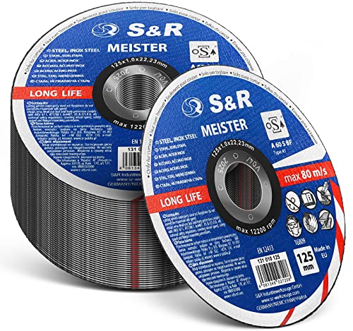 S&R Professional Trennscheibe 125 mm, 50 Stück, Extra Dünn 1 mm Winkelschleifer Flexscheibe, für Metall, Stahl, INOX, Edelstahl, robuste Doppel-Verstärkung, Ideal für Karosserie, Behälterbau