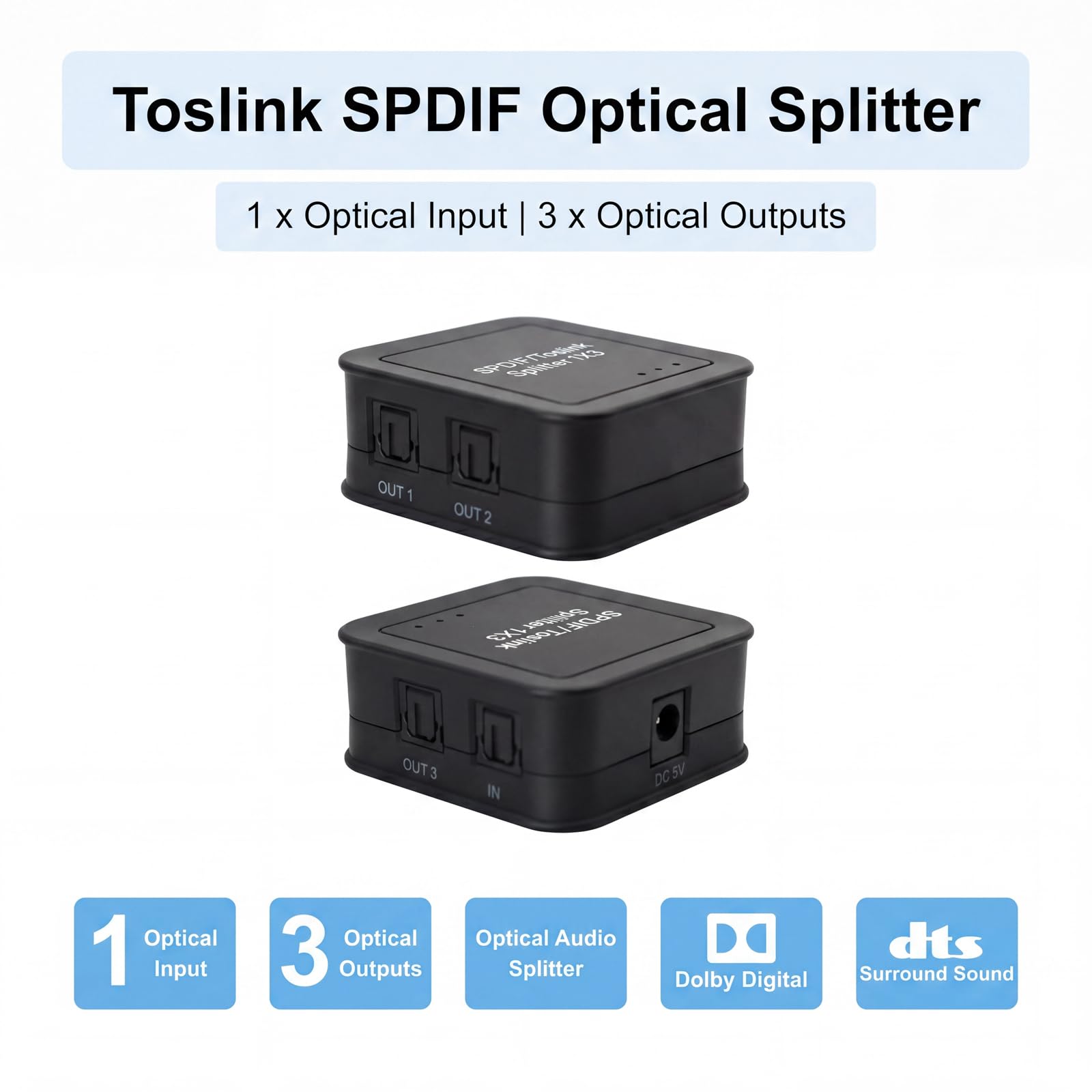 Divisor de audio óptico digital 1x3, divisor de audio óptico DOREWINAUD SPDIF/Toslink, compatible con Dolby Digital y DTS 5.1 para PS3, Xbox, Blue-Ray DVD, HDTV, TV Box, 1 entrada 3 salidas
