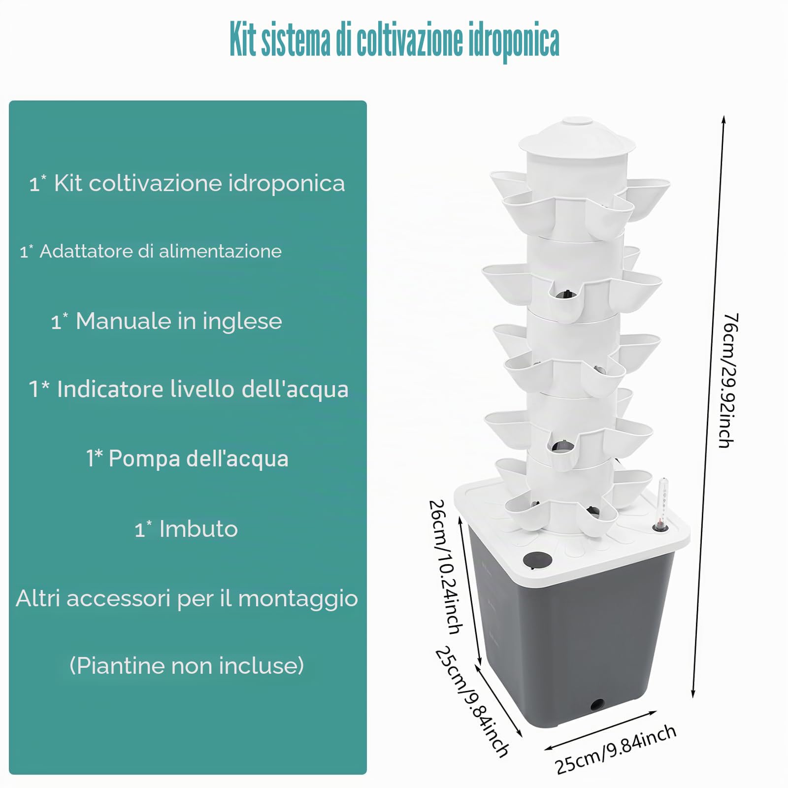 Sistema da giardino verticale a torre da 25 piante, kit di coltivazione idroponica per interni con pompa e indicatore del livello dell'acqua, fioriera verticale per gli appassionati di giardinaggio