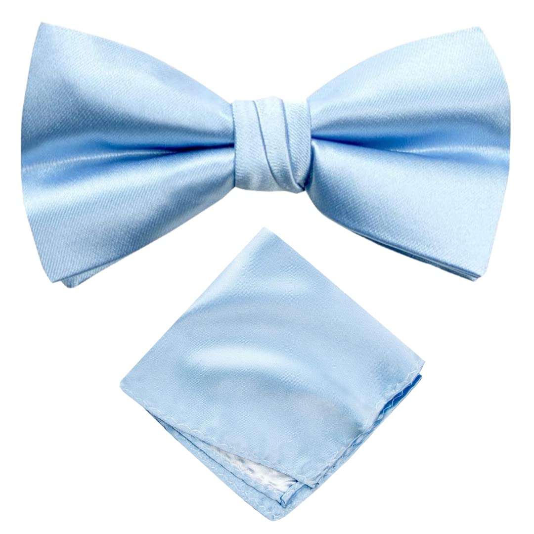 Premium Pre-Tied Satin Bow Tie and Pocket Square for Men | Handcrafted Bow Tie & Wedding Handkerchief for Suits, Blazers & Tuxedo for Formal Events & Weddings (Light Blue)-image-29
