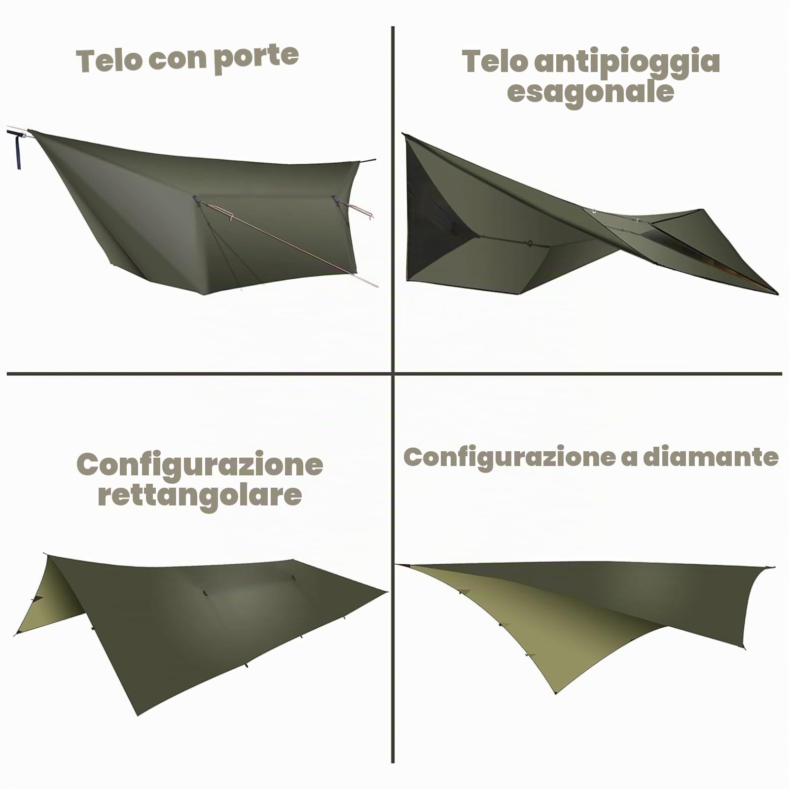 onewind Telone per amaca, impermeabile, ultraleggero, grande copertura con porte, portatile, per bushcraft invernale, tenda, tutti gli accessori inclusi (verde oliva1, 365 x 295 cm)