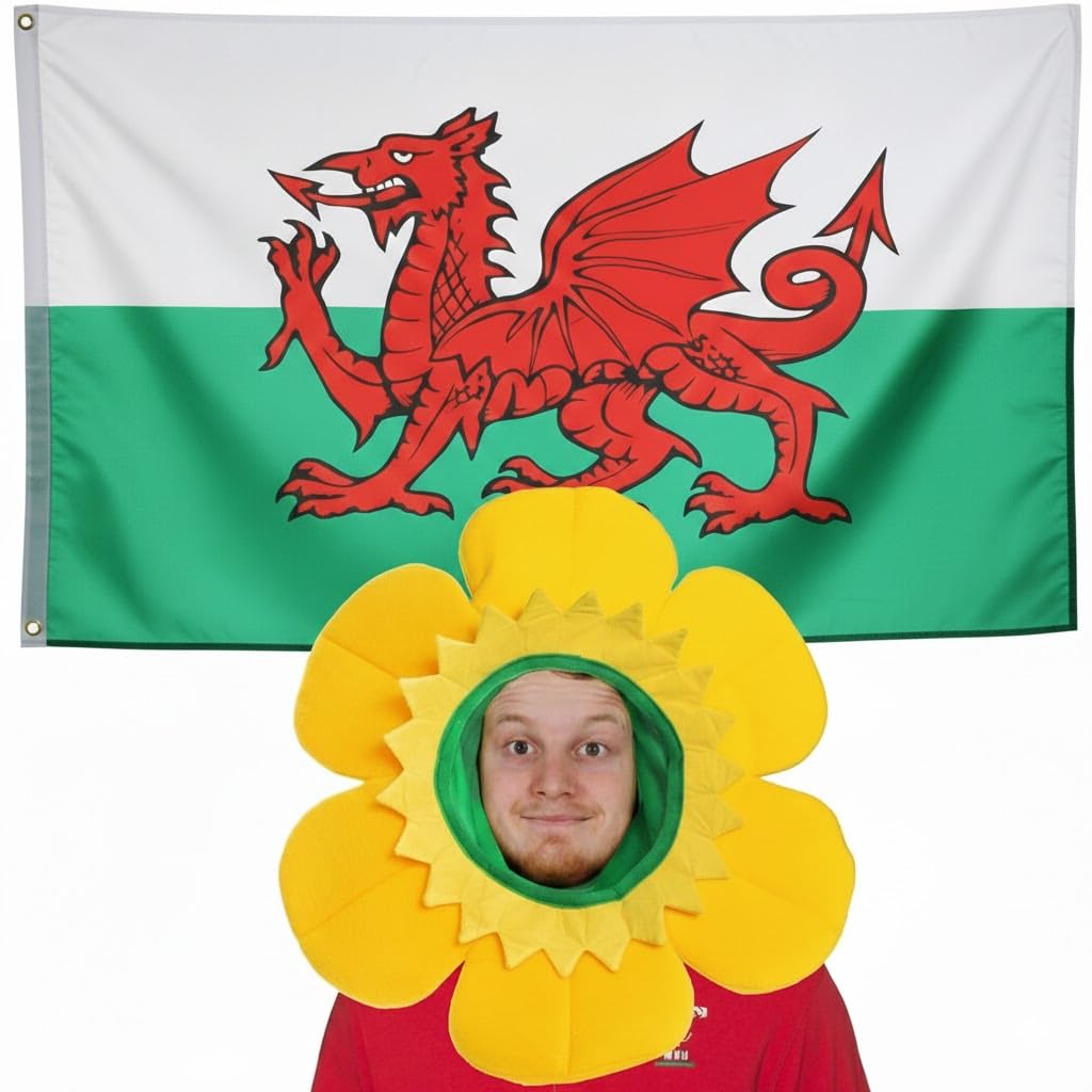 Welsh Flag & Hat Fancy Dress Accessory Set - 3x5ft Flag + Daffodil Hat for St David's Day, Wales Supporters, Football & Rugby โ image 1