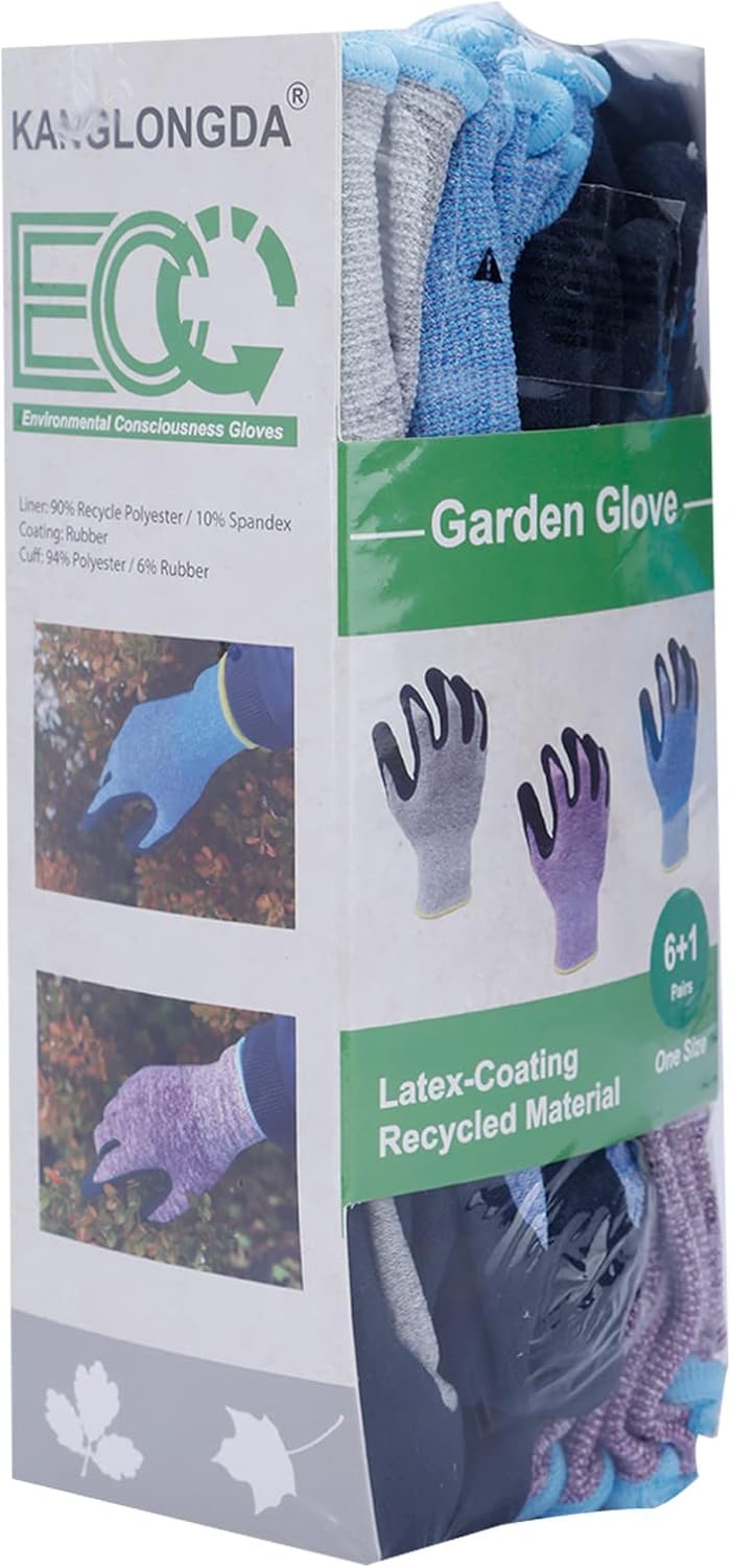 7 pares de guantes de jardinería para mujer con revestimiento de microespuma, EN388 2131X texturizado agarre guantes de trabajo para jardinería y uso general, 3 morados + 3 azul + 1 gris