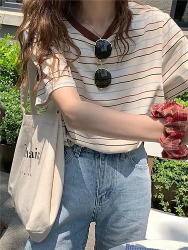 Miniatura 6 de Camiseta de manga corta a rayas para mujer, camiseta de cuello redondo Fairycore, sudadera de gran tamaño Harajuku, ropa de calle Alt