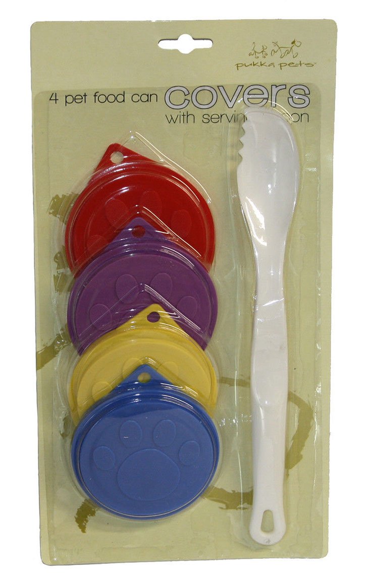 DPNY 4 Reusable Pet Food Tin Covers With Serving Spoon Fork Can Cap Cat Dog Lids
