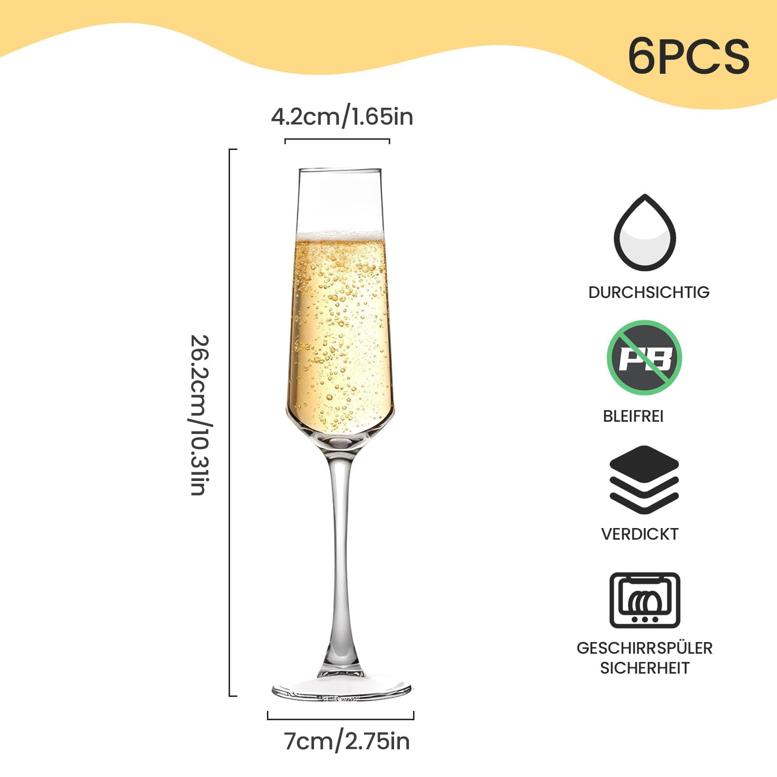 Gläser Set 6 eleganten 195ml Glas Champagner Flöten für Geburtstage Hochzeiten, klare Champagners Gläser perfekt für Feiern und Toasts Haltbare und stilvolle Champagners Gläser