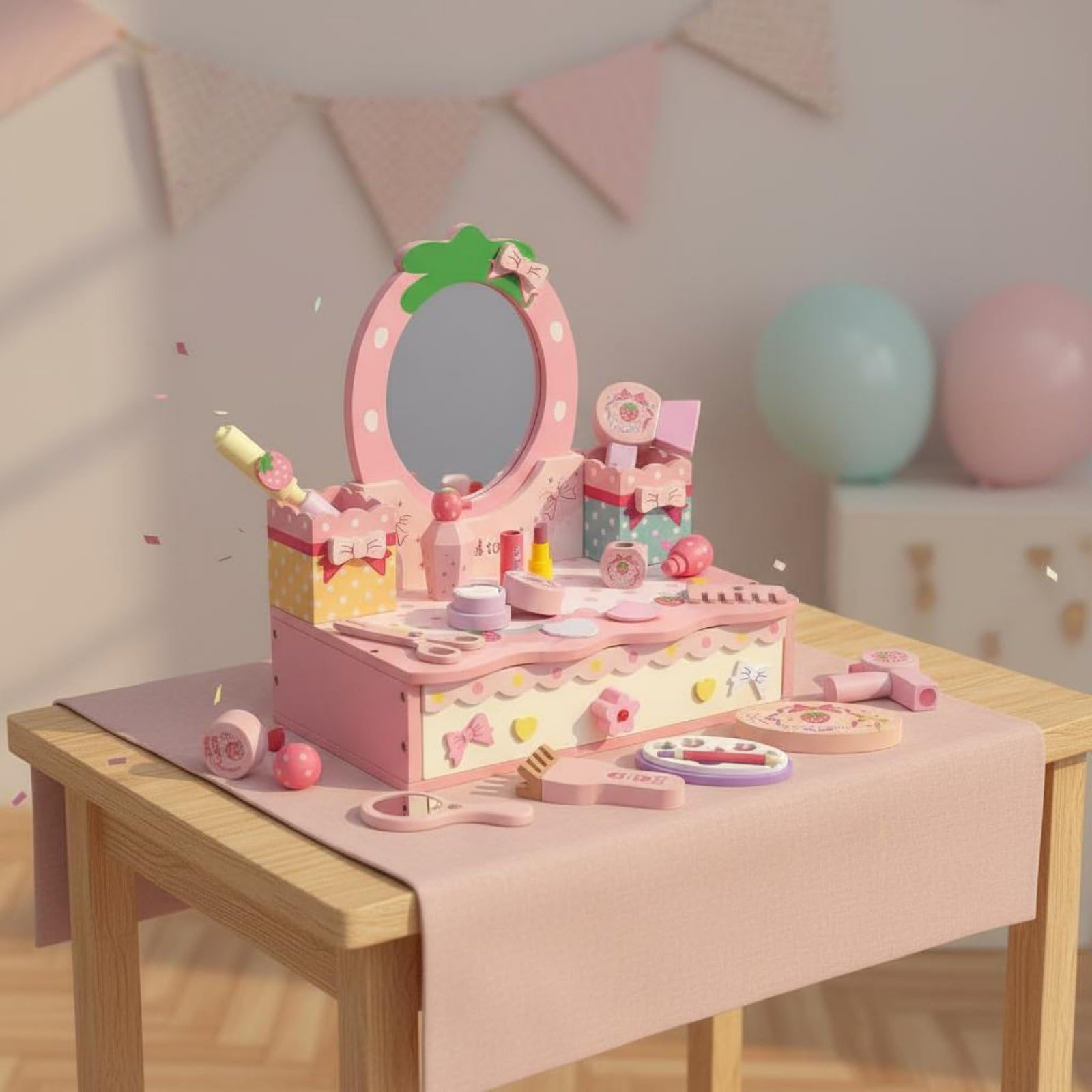 Tavolo Trucco Bambini Toeletta Gioco Specchio Realistico Legno Lavorato Accessori Trucco Finto Gioco di Ruolo Autostima Creativa Adatto per Cameretta Regalo Bambina, Cuore Da Tavolo