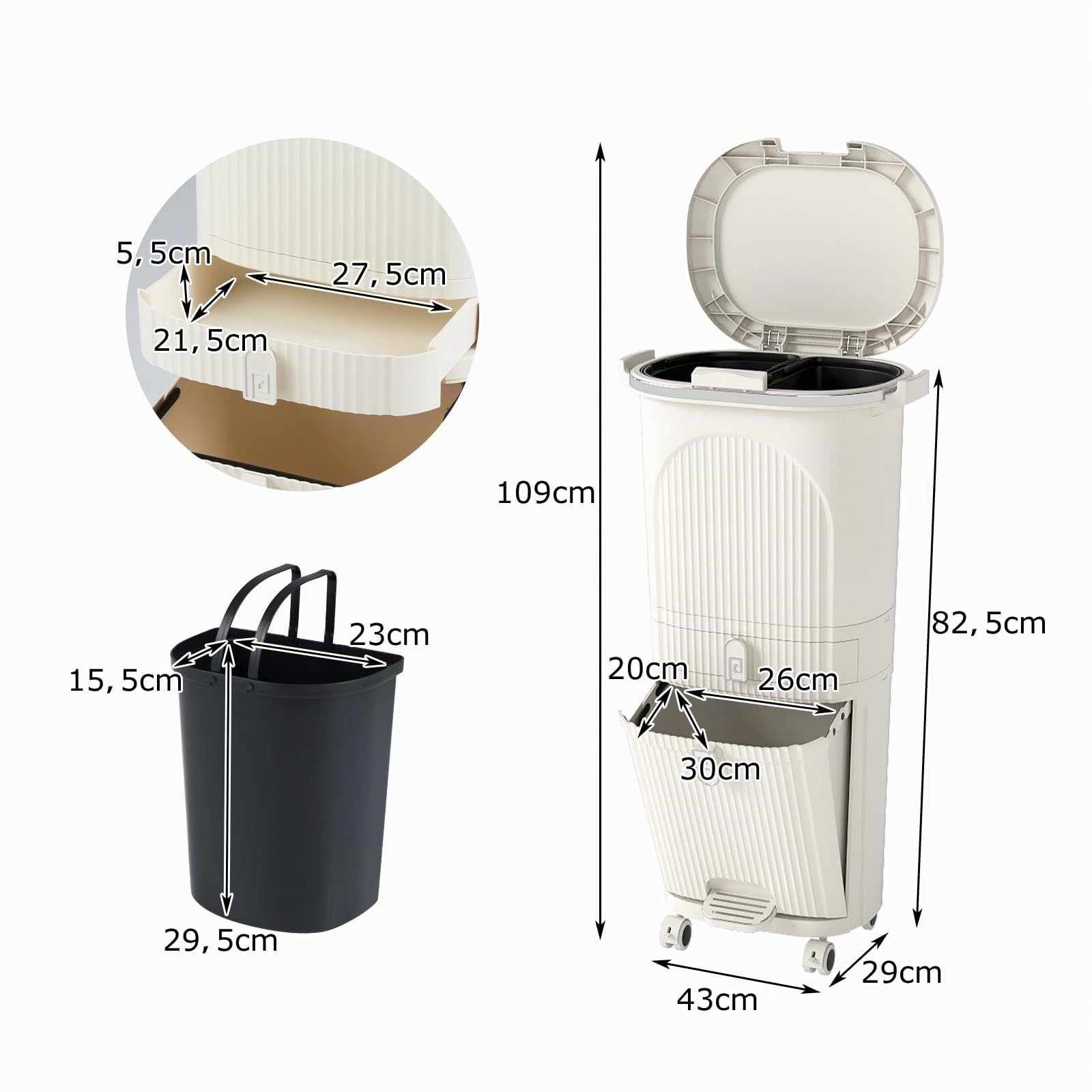 GIANTEX Pattumiera da cucina, 3 scomparti, 42 l, pattumiera con rotelle, pattumiera a pedale con pedale a piedi e maniglia, pattumiera da cucina in plastica, contenitore per rifiuti