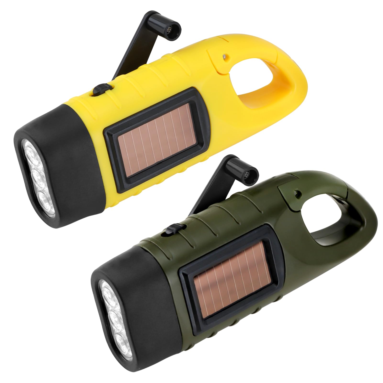 Inajoke 2 Pack Wind Up Torch LED Hand Crank Solar Dynamo Super Bright Portable Camping Torch with Carabiner Hook Rechargeable Outdoor Emergency Flashlight for Hiking Climbing Outdoors (Green+Yellow)
