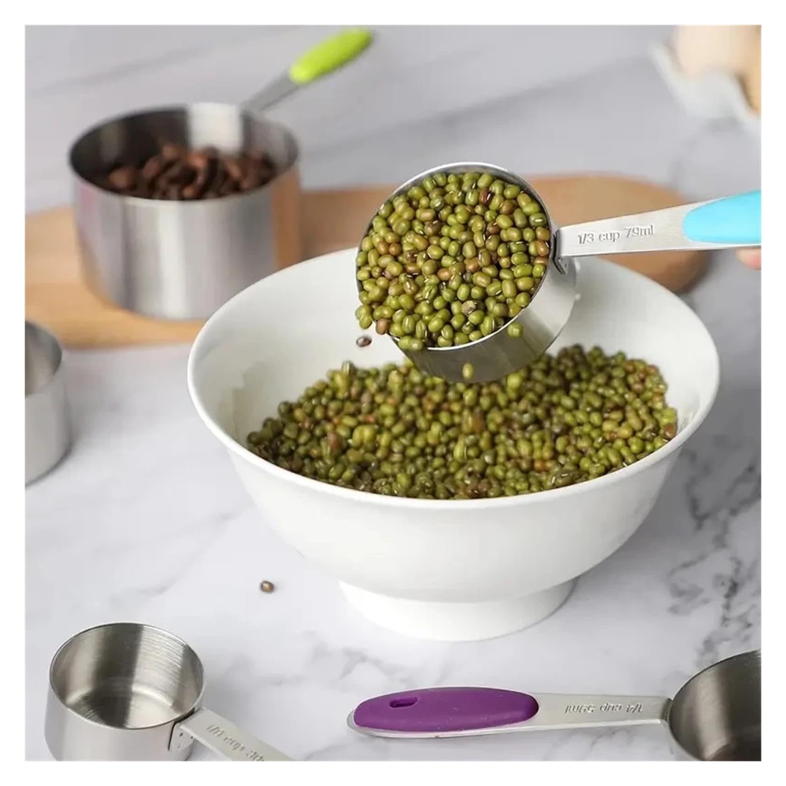 Set de 14 tasses et cuillères doseuses en acier inoxydable