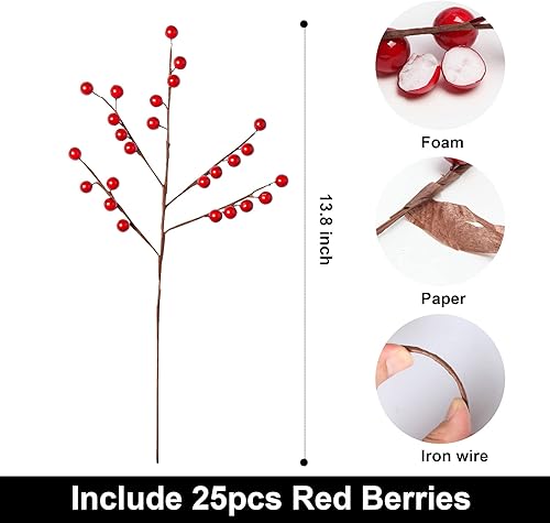 Miniatura 2 de Tallos de bayas rojas de acebo para árbol de Navidad, total de 900 bayas rojas, paquete de 36 tallos de bayas de 13.8 pulgadas, decoración de