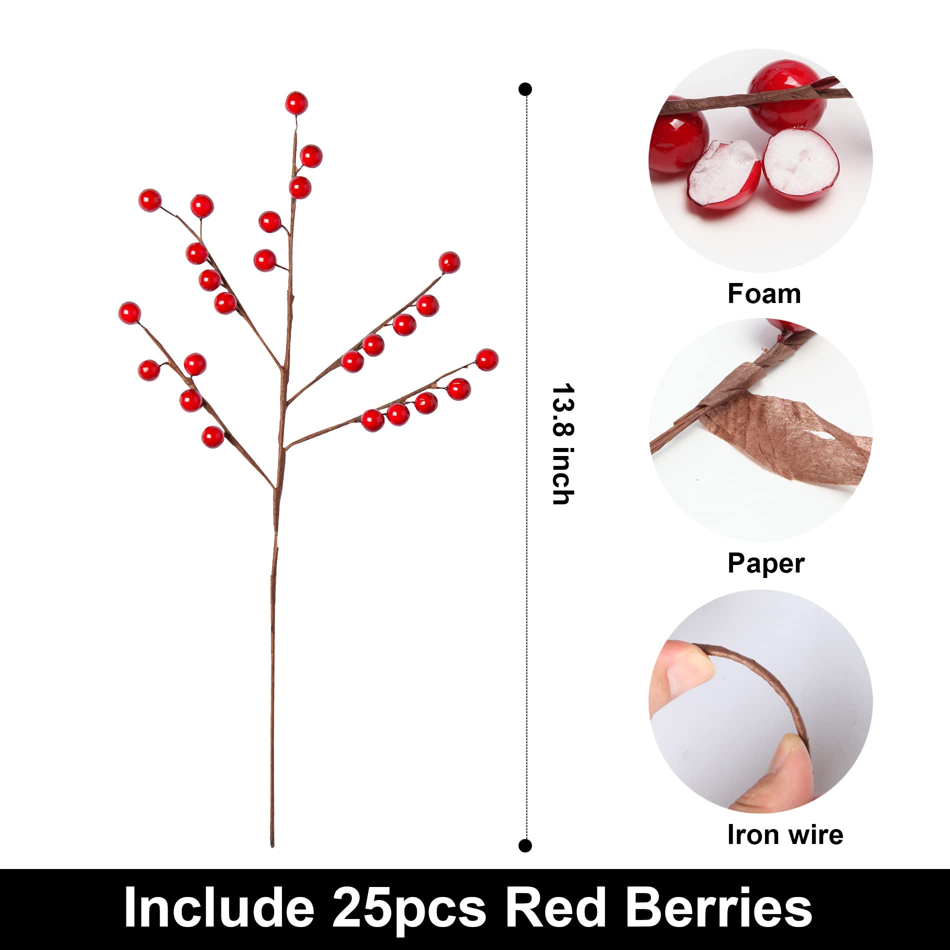 Rote Stechpalmenbeerenstiele für Weihnachtsbaum, insgesamt 1200 rote Beeren, 35,1 cm, 48 Stück, nicht wasserdicht, hängende Weihnachtsdekoration, künstliche Burgunderbeeren, künstliche