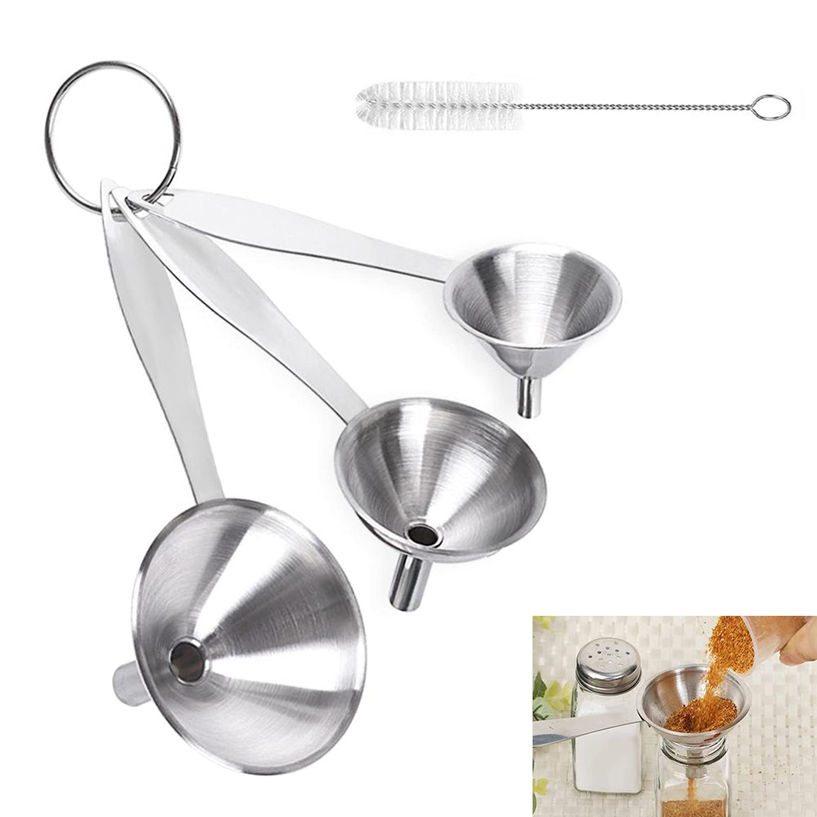 Small Kitchen Funnel for Filling Bottles, AAB Stainless Steel Mini Funnels Set of 3 with a Cleaning Brush for Liquid, Dry Ingredients & Powder (Long Handle)